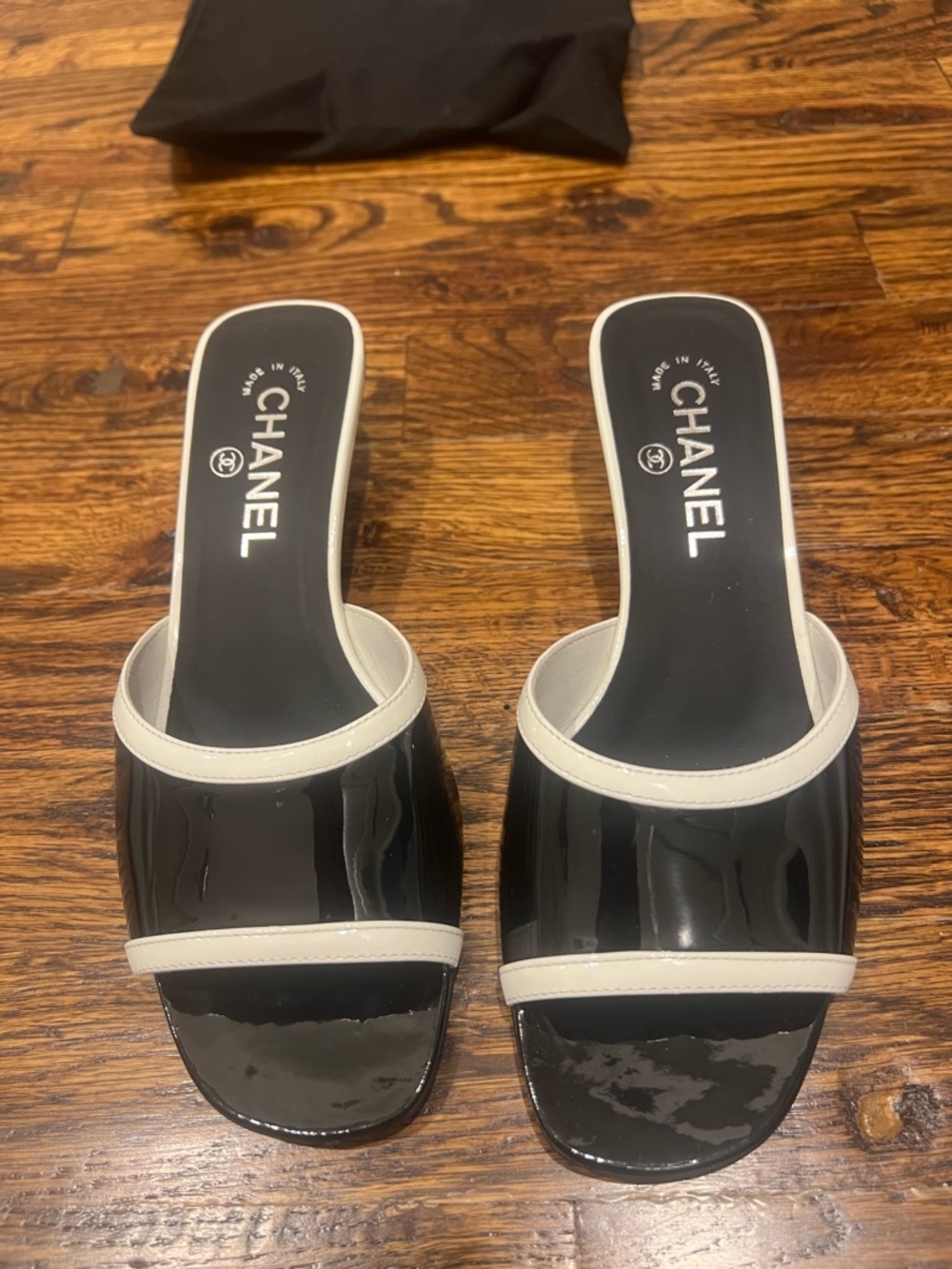 CHANEL Black and White Patent Slide Mules